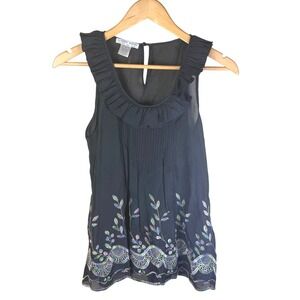Alberto Makali Black Silk Ruffle Neck Embroidered Leaf Sheer Tank SM Career Wear